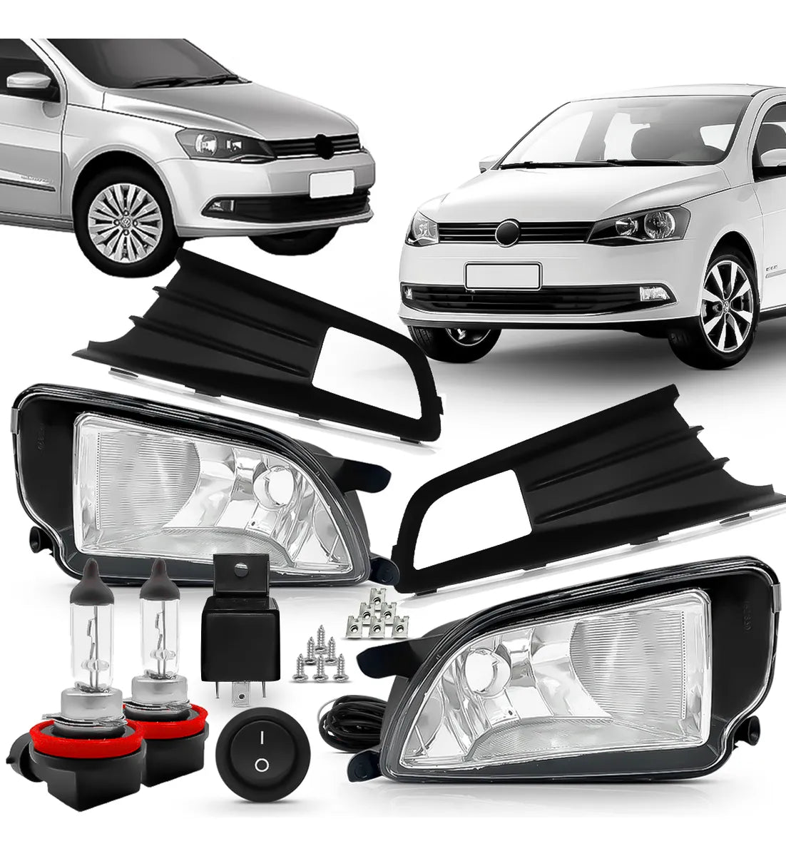 Kit Farol de Milha Gol G6 / Voyage G6 2013 a 2016 – Moldura Preta + Botão Tic Tac + Lâmpadas Halógenas + Pingos LED (Brinde)