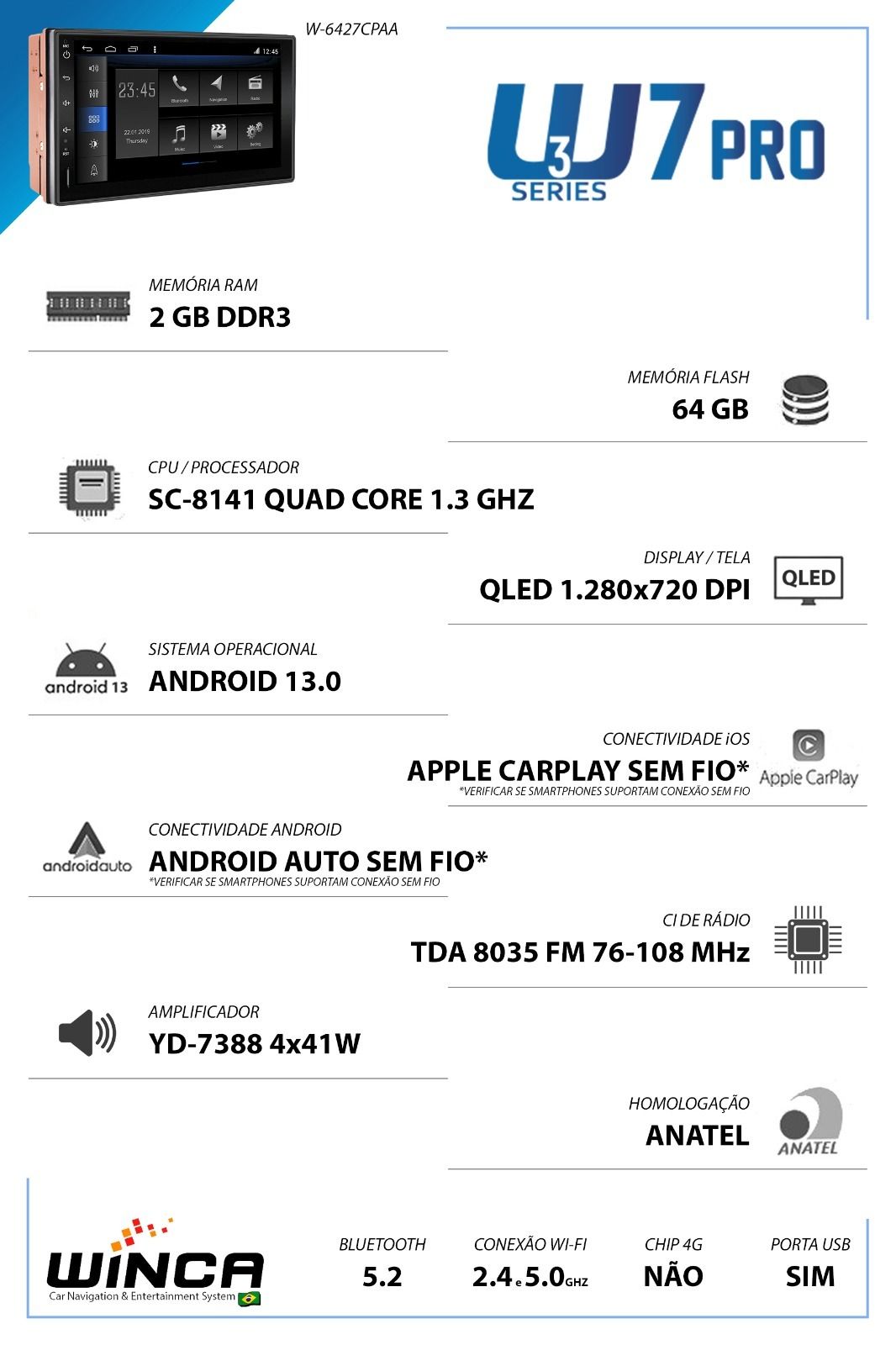 Multimídia WINCA W7 PRO 7" Android